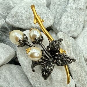 Vintage Joan Rivers Faux Pearl Crystal Brooch Gold Branch Gunmetal Leaves Signed